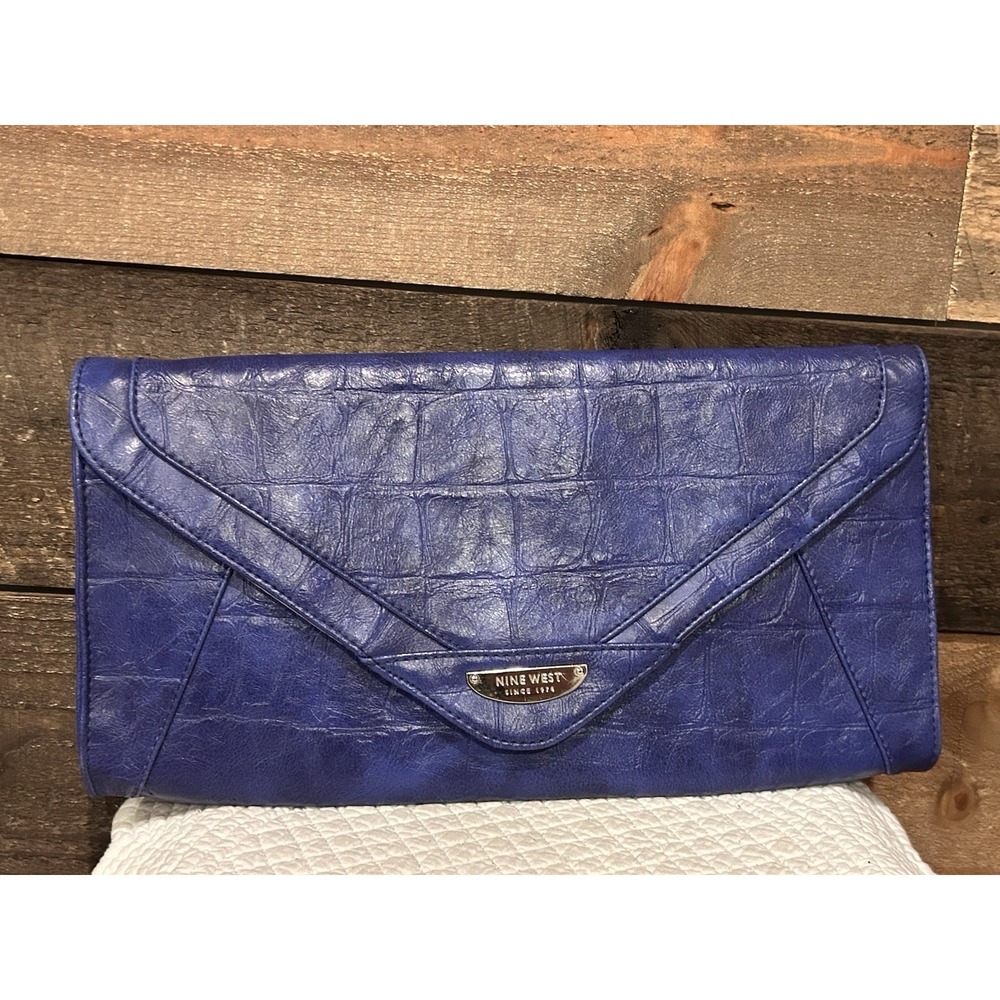 Nine West Oversized Envelope Clutch Crocodile Embossed Print Blue Women Wallet